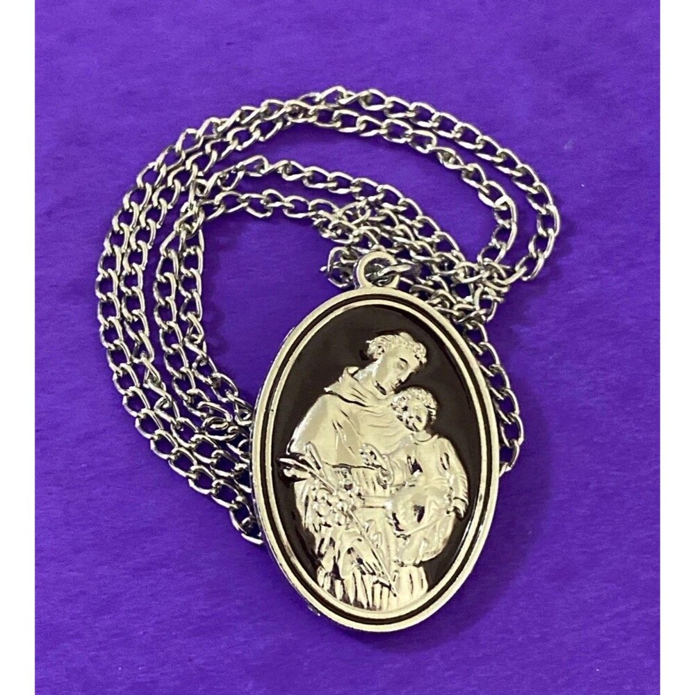 Saint Anthony Pray For Us 1" Medal Pendant Necklace, Silver Tone, Christianity